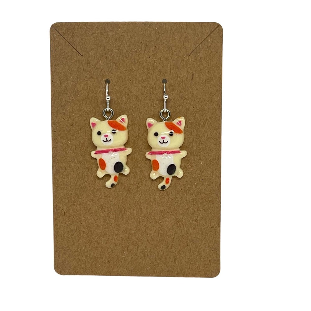 Calico Cat Earrings Dangle Resin - Hypoallergenic